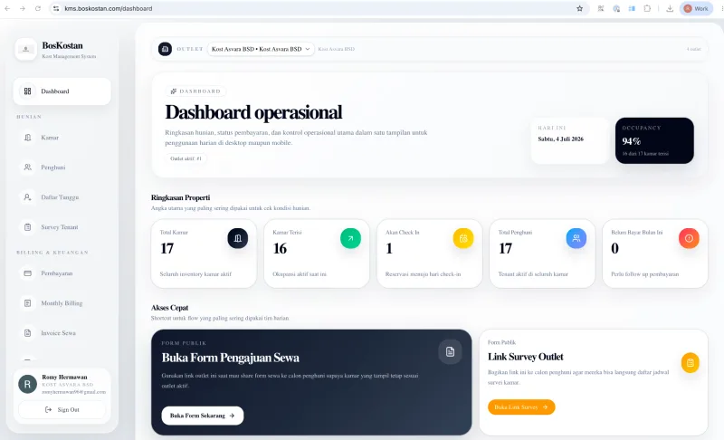 Dashboard BosKostan - SaaS Kost Management System